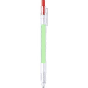 A plastic pen featuring a clear body, a red tip, and a green section for branding or customisation.