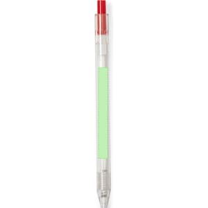 A red-tipped plastic pen with a transparent barrel and a green section for branding or design.