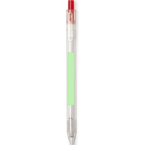 A transparent plastic pen with a red top and a green section for branding or customisation.
