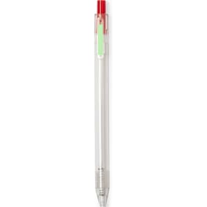 A plastic pen in clear with a red top and green clip, featuring a transparent barrel and a silver grip.