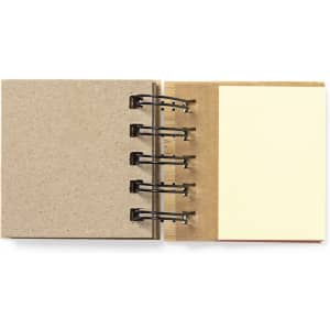 A sticky notepad with a kraft cover and multiple rings, featuring a blank sticky note on the right.