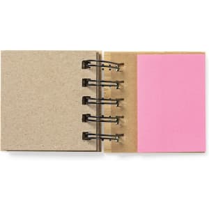 A notepad with a brown cover and pink sticky note pages, bound by metal rings. It features a simplistic design.