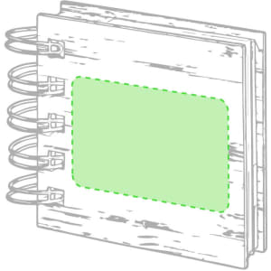 A green sticky notepad with a wooden design and spiral binding, featuring a blank space for notes.