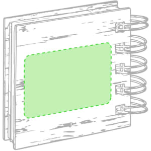 A green sticky notepad with a wooden-style cover and metal rings, featuring a logo.