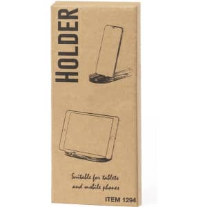 A cardboard packaging for the Lemins Holder, featuring an illustration of a phone stand in black and brown tones.
