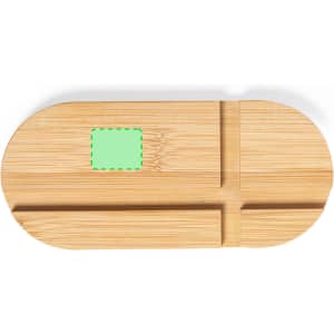 A bamboo phone holder in a light brown colour, featuring a rectangular cut-out for branding or logo placement.