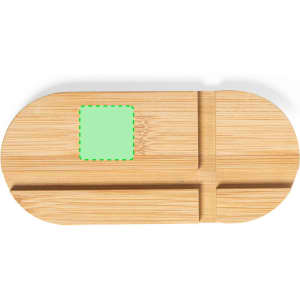 A bamboo phone stand in a natural wood finish featuring compartments for organisation, with a branded area.