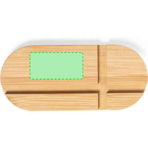A bamboo phone stand with an oval shape and a green area for branding or customization.