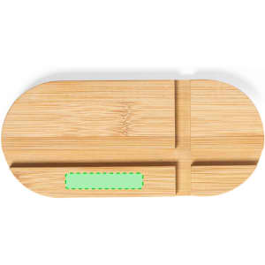 A bamboo phone stand in an oval shape with sections for holding devices, featuring a small area with branding.