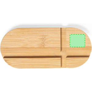 A bamboo phone holder with multiple slots and a green marked area, featuring a smooth finish.