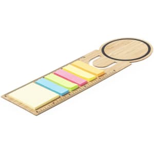 A wooden ruler bookmark with colourful sticky notes in yellow, pink, and blue, featuring a circular cutout.