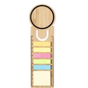 A bamboo ruler bookmark with a circular top and five colour-coded sticky notes in yellow, pink, and blue.