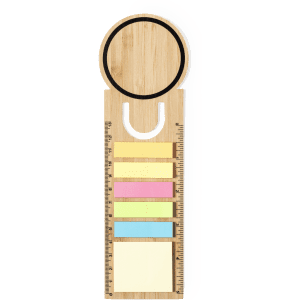 A wooden ruler bookmark featuring a circular top and multiple colourful sticky notes in yellow, pink, green, and blue.