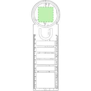 A teal ruler bookmark with a circular cutout and measurement markings along one side. It features a branding logo.