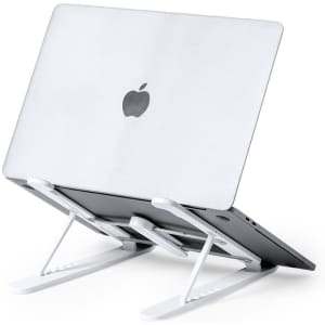 A laptop stand in sleek silver and white, designed to elevate a laptop for better ergonomics. It features a logo.
