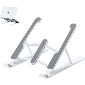 A adjustable laptop stand in white with grey accents. It features a logo on one side and is designed for ergonomic use.