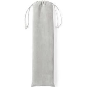 A grey drawstring pouch with a soft texture, suitable for storing various small items. Features a branding logo.