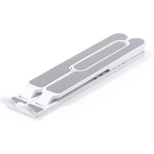 A white and grey phone holder with a sleek, foldable design. It includes a logo on its surface.