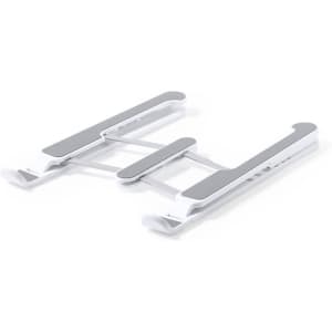 A white and grey phone holder with adjustable arms for various devices, featuring a modern design and a logo.