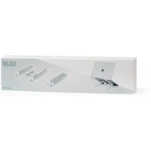A sleek silver phone and tablet holder in a white box featuring a logo, designed to complement modern technology.