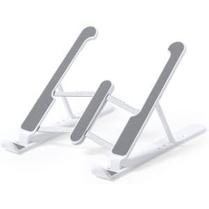 A white and grey adjustable phone holder with a sleek design suitable for various devices. It features a sturdy base and a logo.