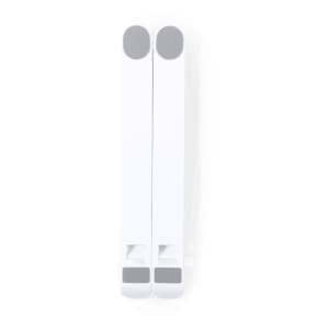 A white phone holder with grey accents, featuring a sleek, minimalist design and a small logo.
