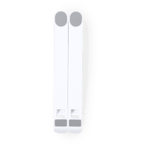 A white phone holder with a sleek design, featuring two sections and a logo.