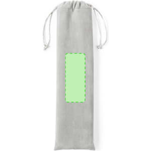 A grey drawstring pouch with a blank green area, designed for holding small items or tech accessories.