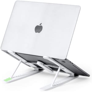 A silver laptop is displayed on a white adjustable stand, featuring a logo on the back.