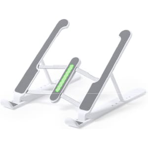 A phone holder in white and grey, featuring a pop-up design and rubber grips for stability. It has a logo.
