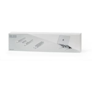 A sleek silver packaging of the Halom Holder, featuring a logo and images of the product inside.