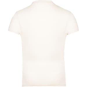 A plain cream organic women's t-shirt with a fitted design and short sleeves, featuring a logo on the back.