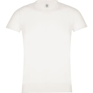 A white women's T-shirt with a classic cut and a logo on the label. It features short sleeves and a round neckline.