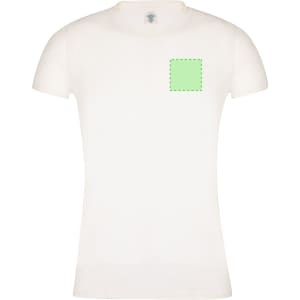A white women's T-shirt featuring a green square patch on the front and a logo.