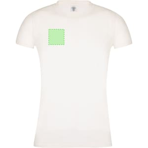 A white women's t-shirt featuring a green square design on the front. The shirt has a fitted style and short sleeves.