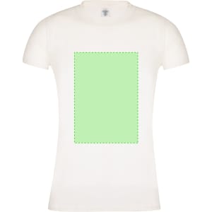 A white women's T-shirt with a green outlined rectangle in the centre. The shirt features a logo.
