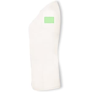 A side view of a white organic women's T-shirt with a blank area on the shoulder for branding.