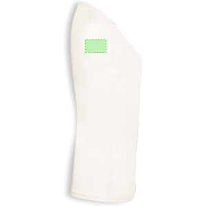 A white organic women's t-shirt with a green label on the shoulder.