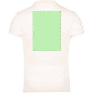 A cream-coloured women's T-shirt featuring a blank green area on the back and a logo on the front.
