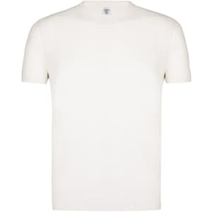 A plain white organic kids' T-shirt with short sleeves and a branding logo on the neck.