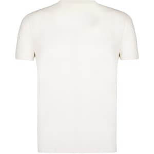 A plain white children's T-shirt with short sleeves, featuring a logo on the back.