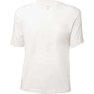 A plain white organic T-shirt designed for kids, featuring short sleeves and a simple style. It has a logo on the inside.