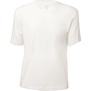 A white short-sleeved kids' t-shirt with a round neckline and a subtle logo.