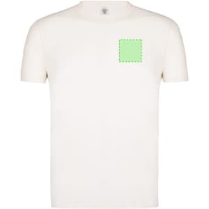 An organic kids' T-shirt in cream with a green outlined design on the front and a logo on the neckline.