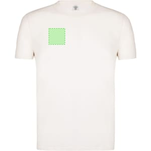 A cream organic cotton T-shirt featuring a square area on the front and a logo on the collar.