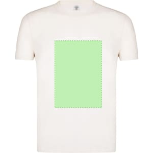 A cream organic cotton kids' t-shirt with a green rectangular design area and a logo.