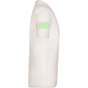 A cream organic children's T-shirt with a blank green label on the sleeve. Designed for casual wear.