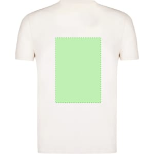 A white organic kids' t-shirt featuring a rectangular green design area on the back. The shirt has a logo.
