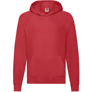 A red lightweight hooded sweatshirt with a front pocket and a logo on the label.