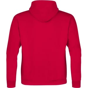 A red lightweight hooded sweatshirt for kids, featuring a simple design and a hood at the back.